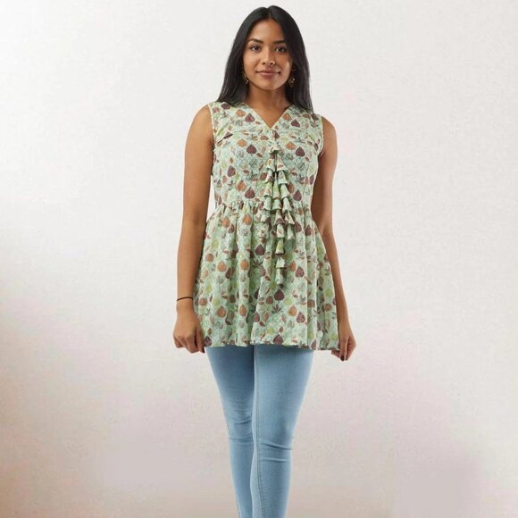 Light Green Printed Short Top with Latkans | Muvvas Boutique - Picture 1 of 5